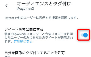 ツイートを非公開にする横のチェックを外す